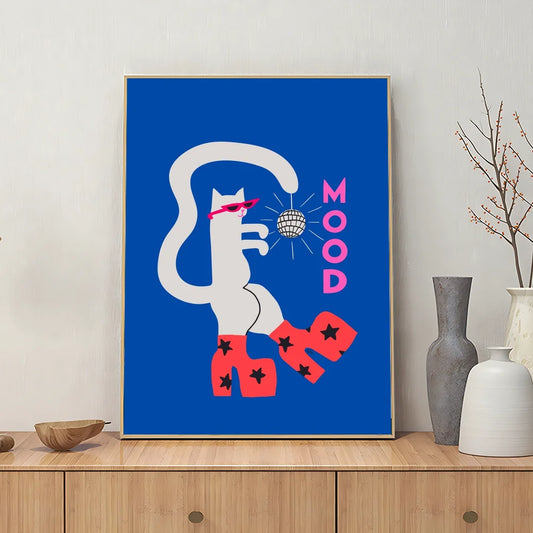 Blue art print with a cat and disco ball