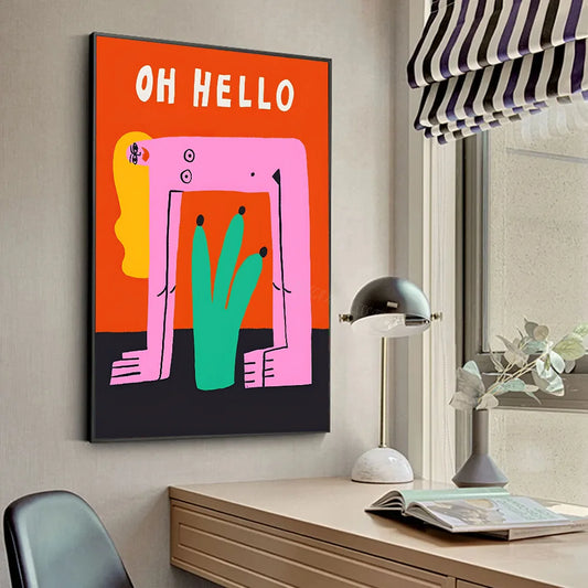 Bright colourful print with cartoon lady over top a cactus and text reading "Oh Hello"